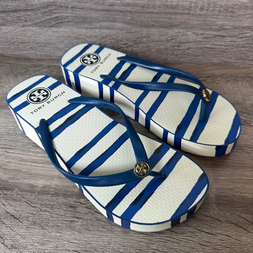 Tory Burch Striped Platform Flip Flops Blue White Wedge Sandals Logo Medallion